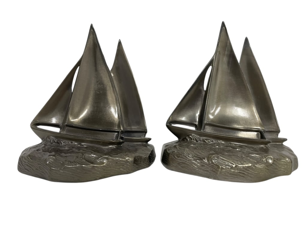 PAIR OF PEWTER SAILBOAT BOOKENDS 5.5" (1 of 8)