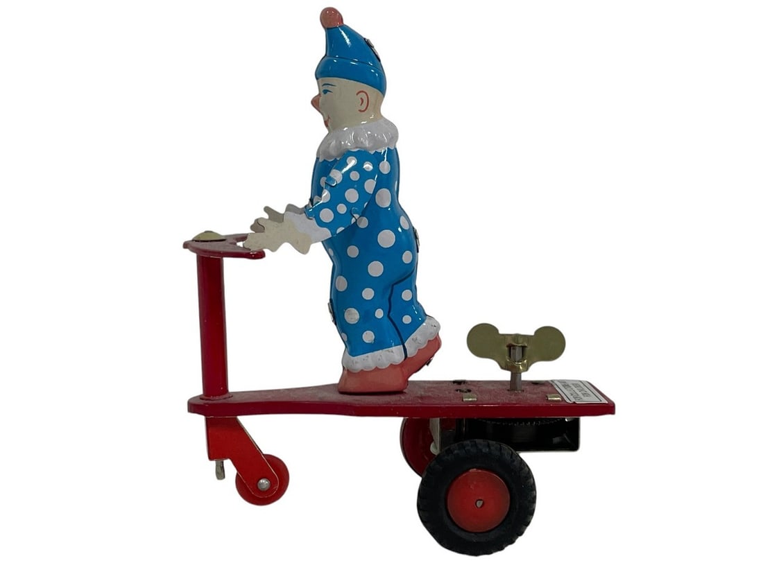TIN TOY CLOWN RIDING RED SCOOTER WIND UP W KEY 4" (1 of 7)