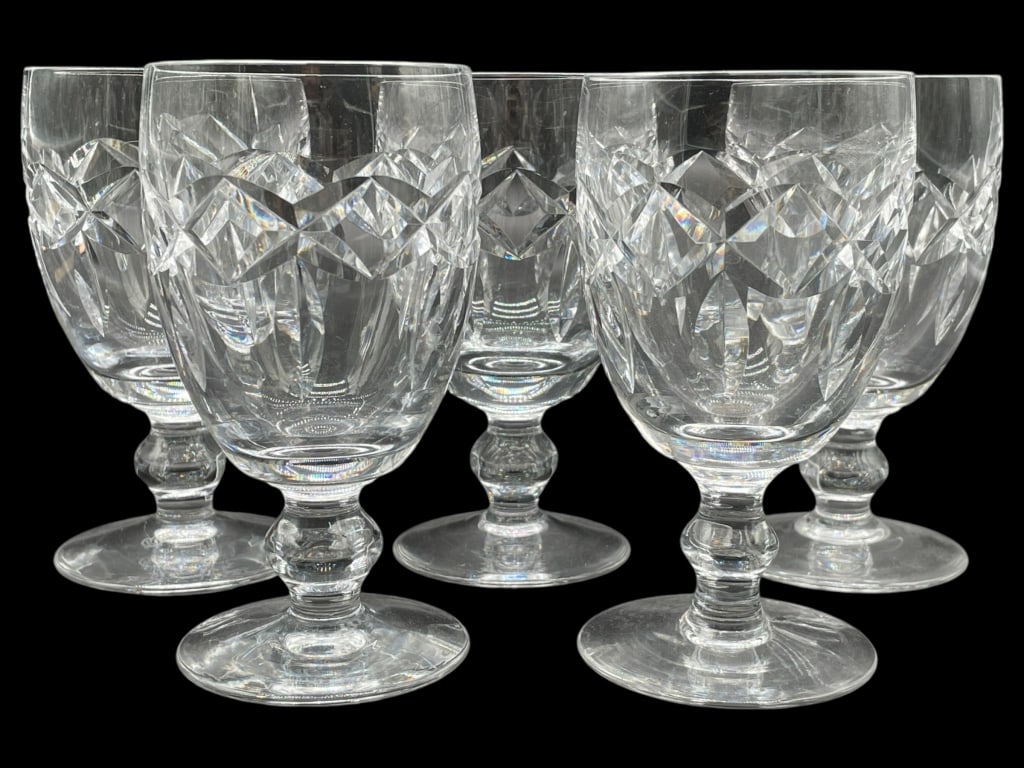 WATERFORD CRYSTAL KERRY WINE GLASSES SET OF FIVE: WATERFORD CRYSTAL KERRY WINE GLASSES SET OF FIVE 5" -GOOD CONDITION, CRACK NEAR RIM ON ONE GLASS -APPROX 5" TALL -SET OF 5 -JA 010325 #18 ***Please note that due to limited storage space, all items mu