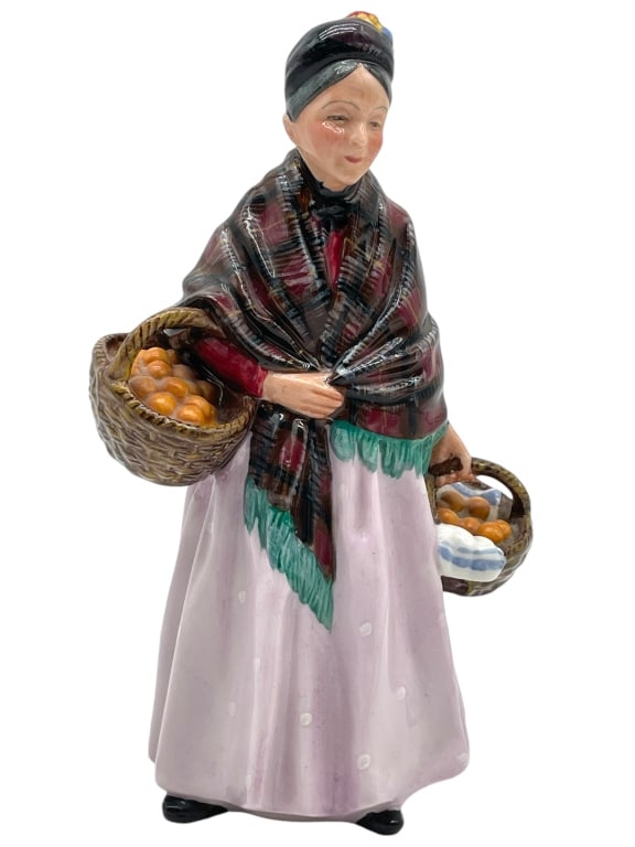 ROYAL DOULTON "THE ORANGE LADY" FIGURINE HN 1759: ROYAL DOULTON "THE ORANGE LADY" FIGURINE HN 1759 8" -VERY GOOD PRE OWNED CONDITION -APPROX 8" TALL -MADE IN ENGLAND -HN 1759 -JA 123124 #13 ***Please note that due to limited storage space, all items 