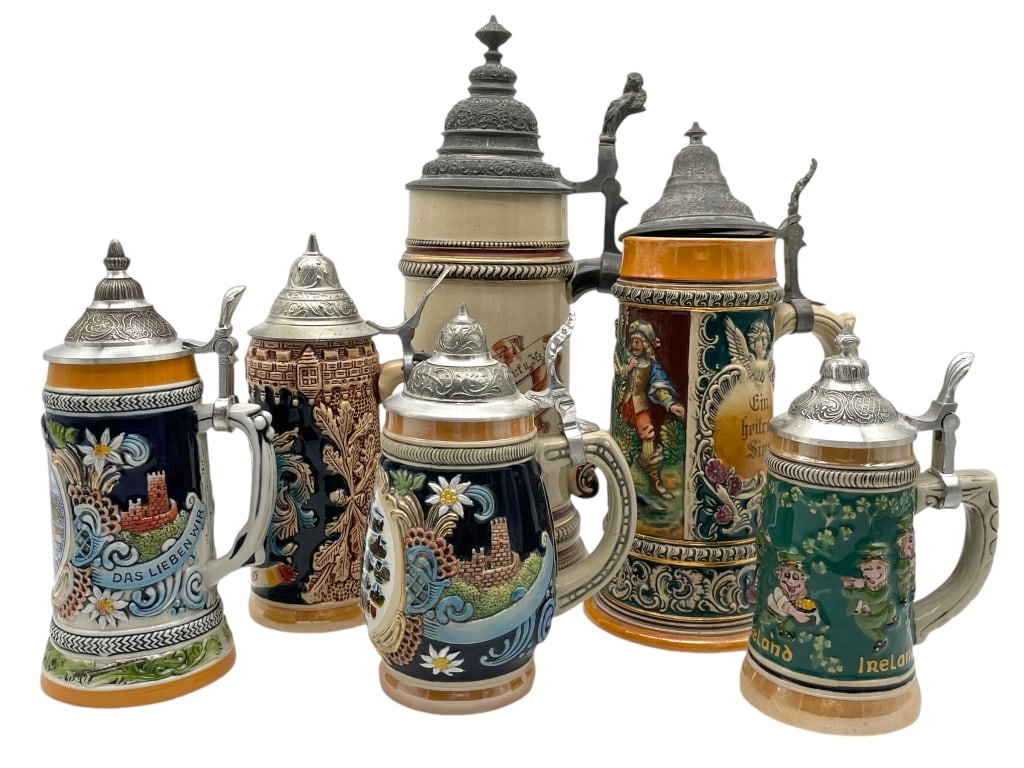 SET OF SIX ASSORTED BEER STEINS (1 of 8)