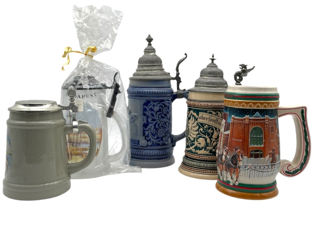 SET OF FIVE ASSORTED BEER STEINS (1 of 8)