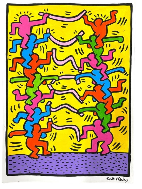 AFTER KEITH HARING DRAWING ON PAPER 11.5": AFTER KEITH HARING DRAWING ON PAPER | ATTRIBUTED TO KEITH HARING -SIGNED AND STAMPED ON BACK -11.5" X 8 APPROX TO PAPER -VERY GOOD PRE OWNED CONDITION SEE PHOTOS -DP12424