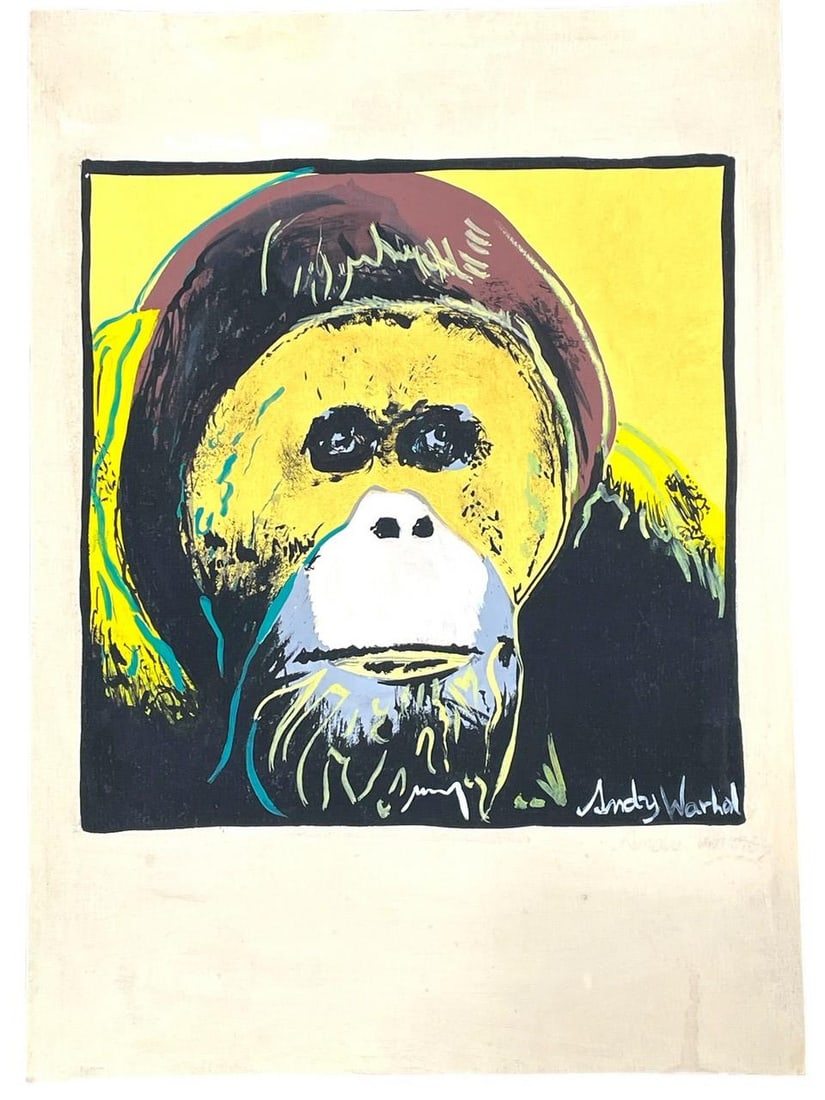 AFTER ANDY WARHOL ORANGUTAN DRAWING ON PAPER 12": AFTER ANDY WARHOL ORANGUTAN DRAWING ON PAPER | MANNER OF ANDY WARHOL -WITH GOUACHE -12 " X 8.5" APPROX -STAMPED ON BACK -DP121324