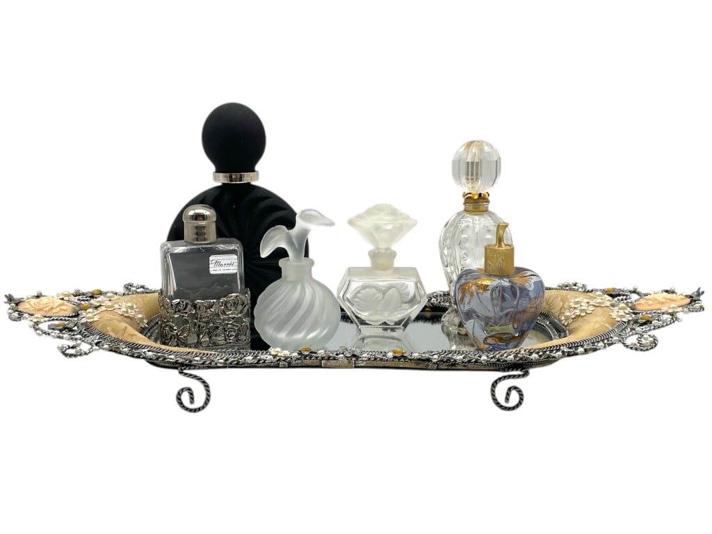 MIRRORED VANITY TRAY W/ 6 VINTAGE PERFUME BOTTLES (1 of 13)