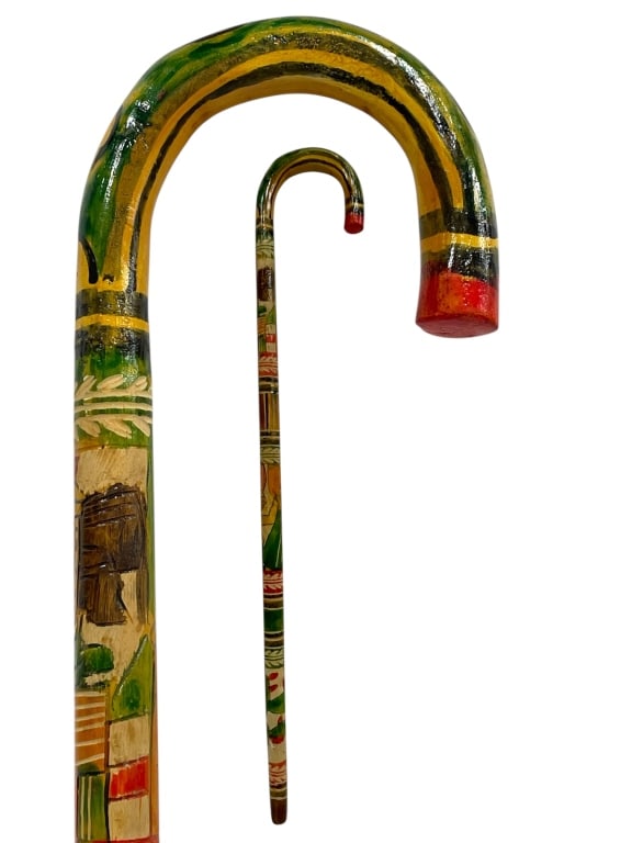 VINTAGE HAND CARVED WOODEN COLORFUL CANE 36": VINTAGE HAND CARVED WOODEN COLORFUL CANE 36" -GOOD PRE OWNED CONDITION, SOME WEAR -APPROX 36" LONG -JA 010825 ***Please note that due to limited storage space, all items must be picked up within 14 da