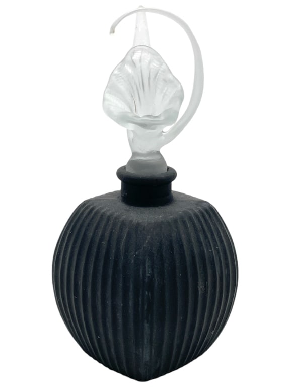 BLACK SATIN GLASS PERFUME BOTTLE W/ FLOWER 5.5" (1 of 4)