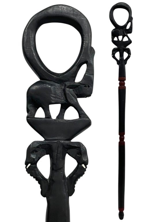 AFRICAN WOOD CARVED ELEPHANT WALKING STICK 36": AFRICAN WOOD CARVED ELEPHANT WALKING STICK 36" -VERY GOOD PRE OWNED CONDITION -APPROX 36" LONG -JA 010825 ***Please note that due to limited storage space, all items must be picked up within 14 days o