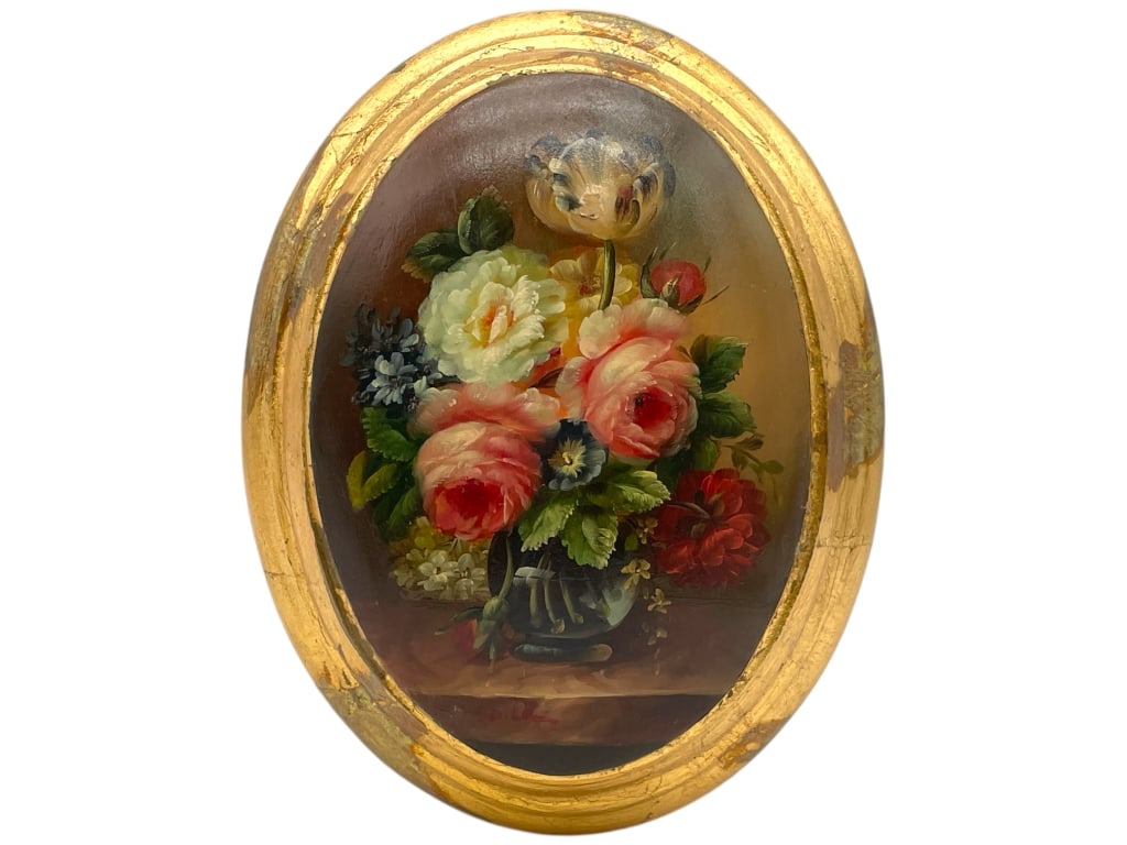 VINTAGE OVAL FLOWER OIL PAINTING 9": VINTAGE OVAL FLOWER OIL PAINTING 9" -VERY GOOD CONDITION -APPROX 9" -CERTIFICATE OF AUTHENTICY -NUMBER 115 -INSPIRED BY THE FINEST ARTISTS OF THE FRENCH BAROQUE OF THE 18TH CENTURY, BAROQUE ART LTD. R