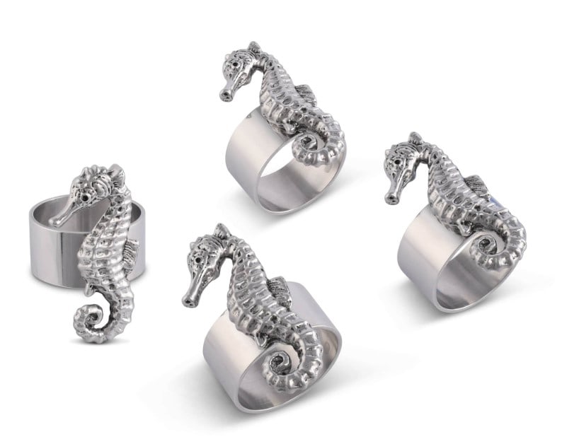 NEW! ARTHUR COURT SEA HORSE NAPKIN RINGS: These Sea Horse Napkin Rings are the perfect addition for those with a nautical theme kitchen. Strong, sturdy, and durable buy a set of these napkin rings to accommodate all of your guests. This Sea H