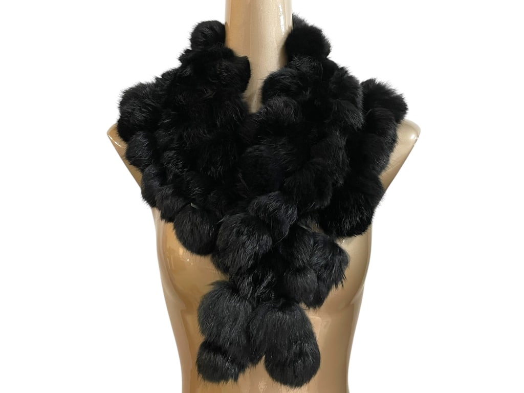 BLACK POM POM RABBIT FUR SCARF 37" (1 of 3)