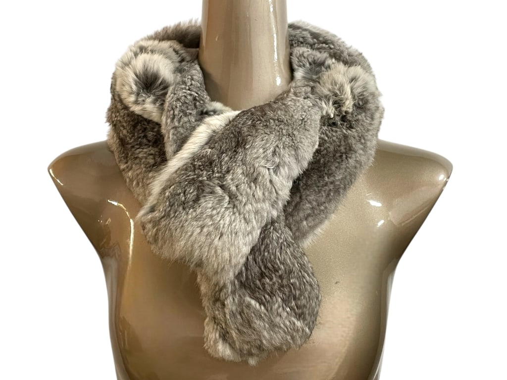 GREY BROWN WRAP AROUND RABBIT FUR SCARF 62" (1 of 3)