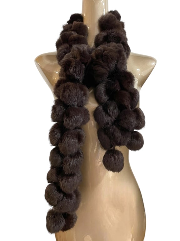 DARK BROWN POM POM RABBIT FUR SCARF 5" (1 of 3)