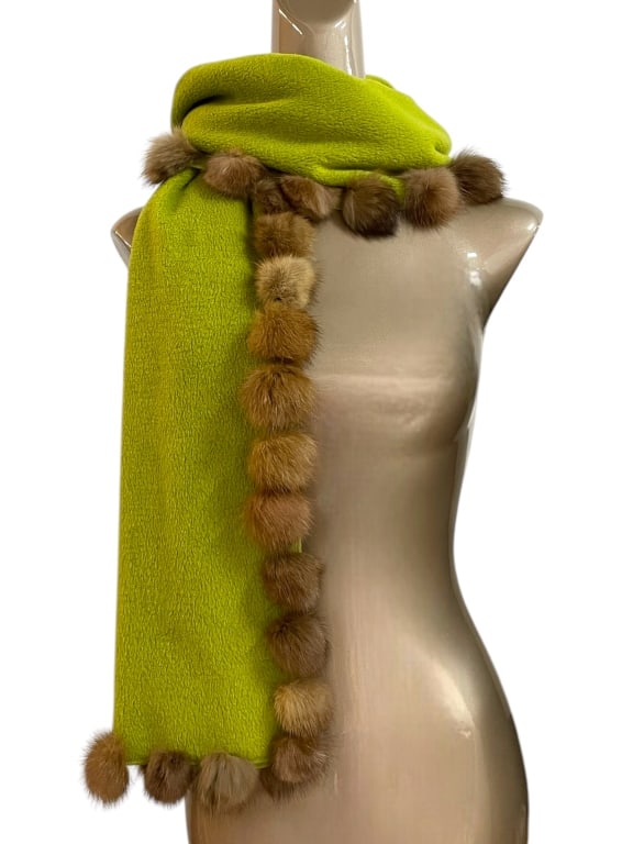 GREEN AND BROWN RABBIT FUR POM POM SCARF 68" (1 of 4)