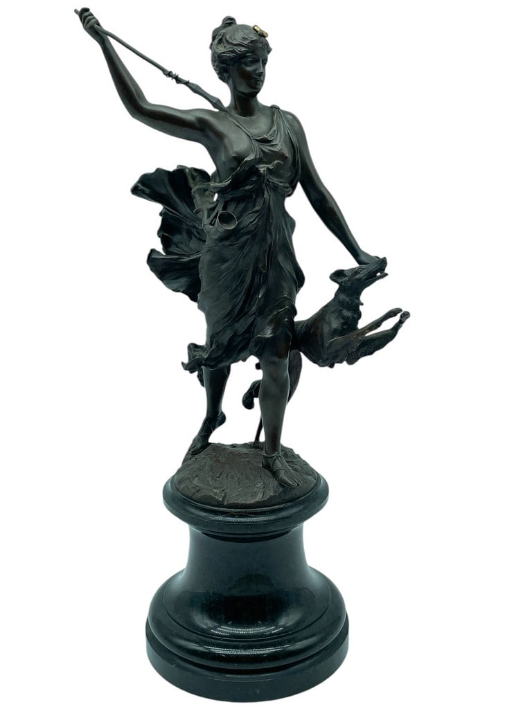 AFTER ROSSE FRANZ 'DIANA' BRONZE SCULPTURE 16": AFTER ROSSE FRANZ BRONZE FIGUREOF DIANA GODDESS OF THE HUNT SCULPTURE -SIGNED FJH LAND 88 ON BASE -VERY GOOD PRE OWNED CONDITION -DP91624