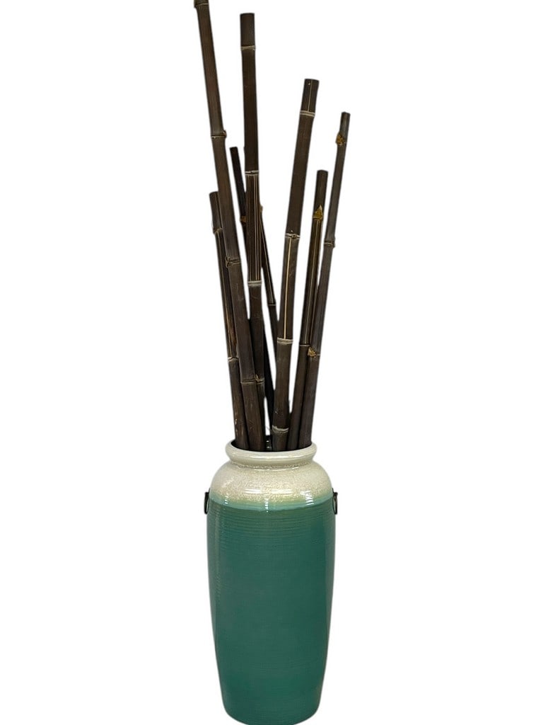 ASIAN FLOOR VASE W BRONZE MEDALLION HANDLES BAMBOO (1 of 5)
