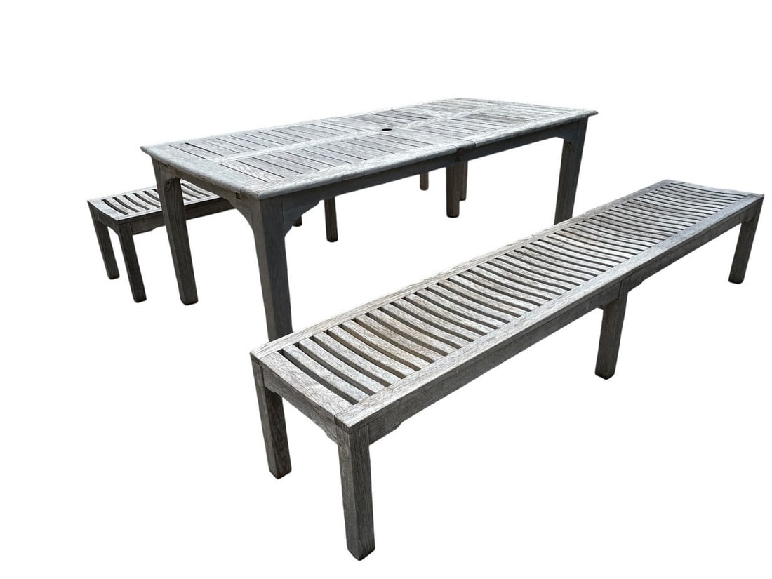 TEAK WOOD EXTENDABLE OUTDOOR TABLE & 2 BENCHES (1 of 12)