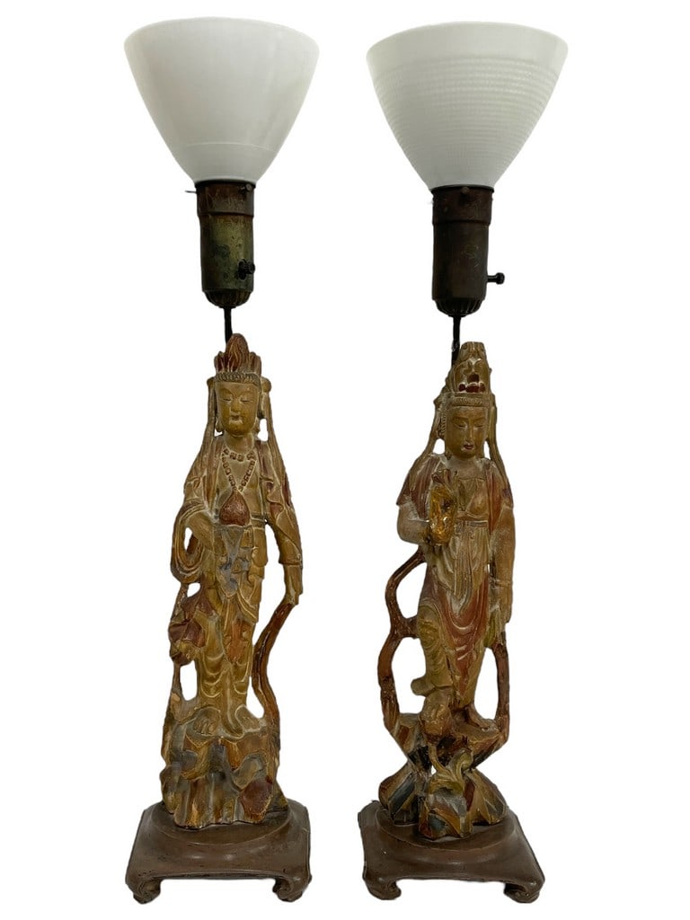 PAIR OF CHINESE QUAN YIN  WOOD TABLE LAMPS 34" (1 of 10)