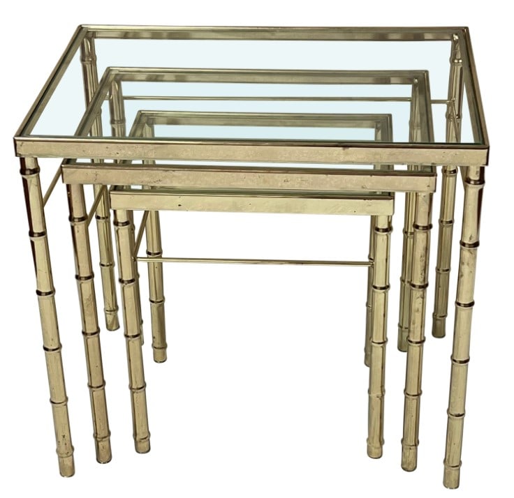 VINTAGE BRASS BAMBOO NESTING TABLES 27": VINTAGE BRASS BAMBOO NESTING TABLES -27" X 22.5" X 15" TO BIGGEST -VERY GOOD PRE OWNED CONDITION MINOR WEAR -DP12024