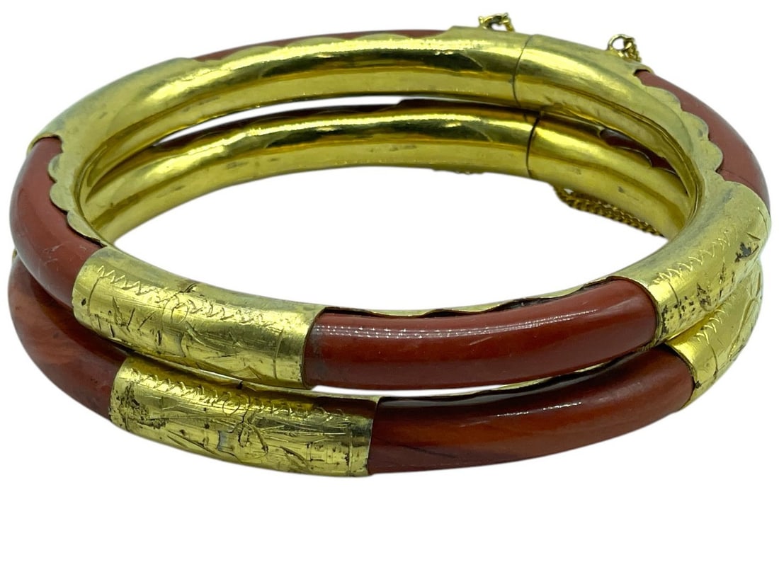 PAIR OF CORAL & GOLD HINGED BRACELETS (1 of 6)