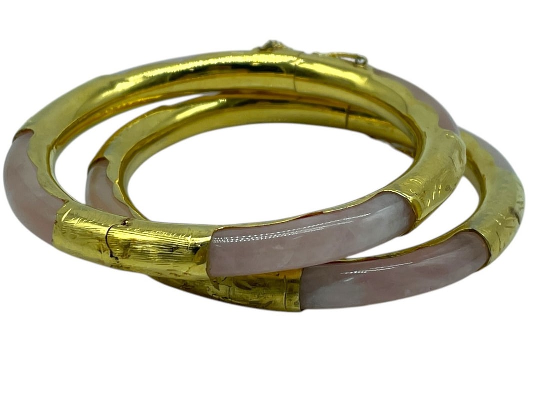 PAIR OF ROSE QUARTZ & GOLD HINGED BRACELETS (1 of 7)