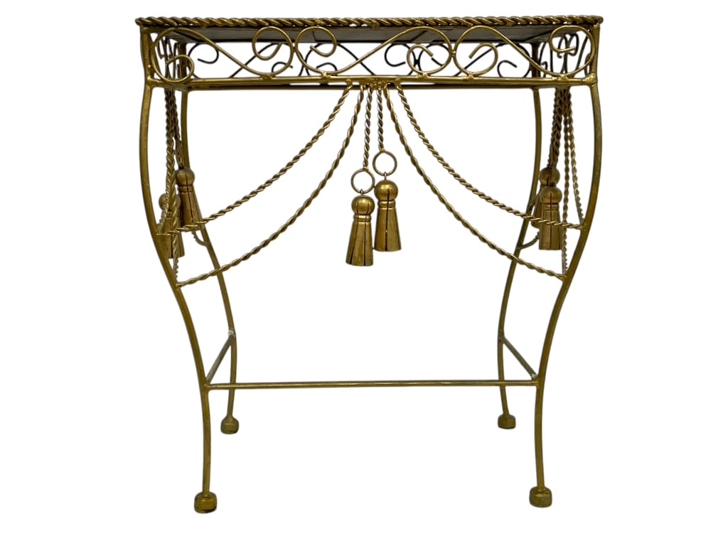 VINTAGE FRENCH STYLE BRONZE METAL TABLE 17.5": VINTAGE FRENCH STYLE BRONZE METAL ROPES AND TASSELS TABLE DESIGN 17.5" -VERY GOOD PRE OWNED CONDITION -APPROX 17.5" X 15.5" -JA 012325