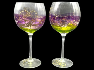 PAIR OF EUROGLASS HAND PAINTED WINE GLASSES 8.5"