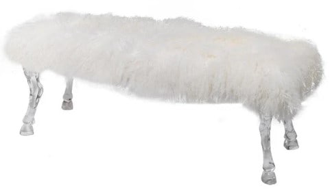 NEW! MONGOLIAN FUR BENCH W LUCITE HOOVED LEGS 49"