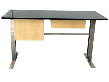 MODERN CHROME DESK W WOOD AND SMOKED GLASS 54"