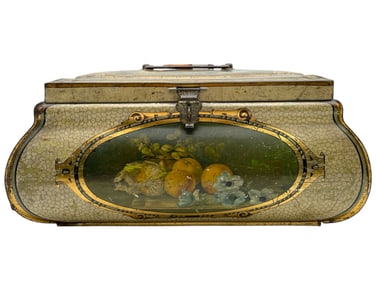 VINTAGE METAL BISCUIT BOX W/ FRUIT DESIGN 12"