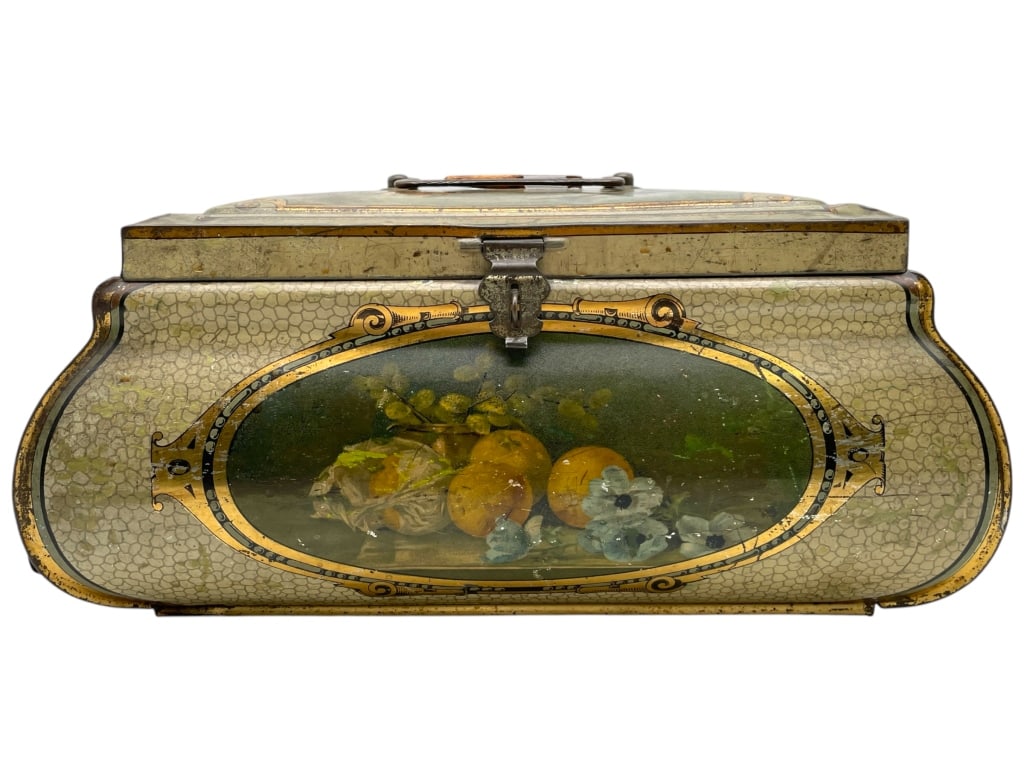 VINTAGE METAL BISCUIT BOX W/ FRUIT DESIGN 12" (1 of 8)