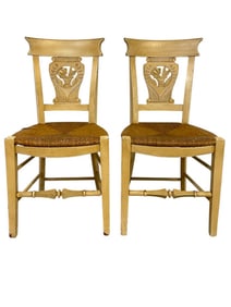 PAIR OF 1970S RUSH SEAT CHAIRS W CARVED BACKS