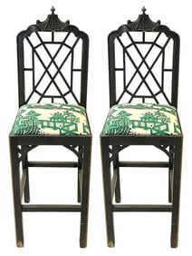 PAIR OF BLACK LACQUER PAGODA BAR STOOLS