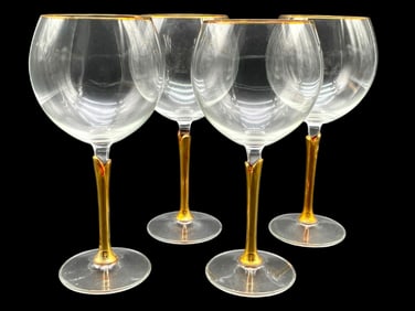 SET OF 4 GOLD STEM CRYSTAL WINE GLASSES 8"