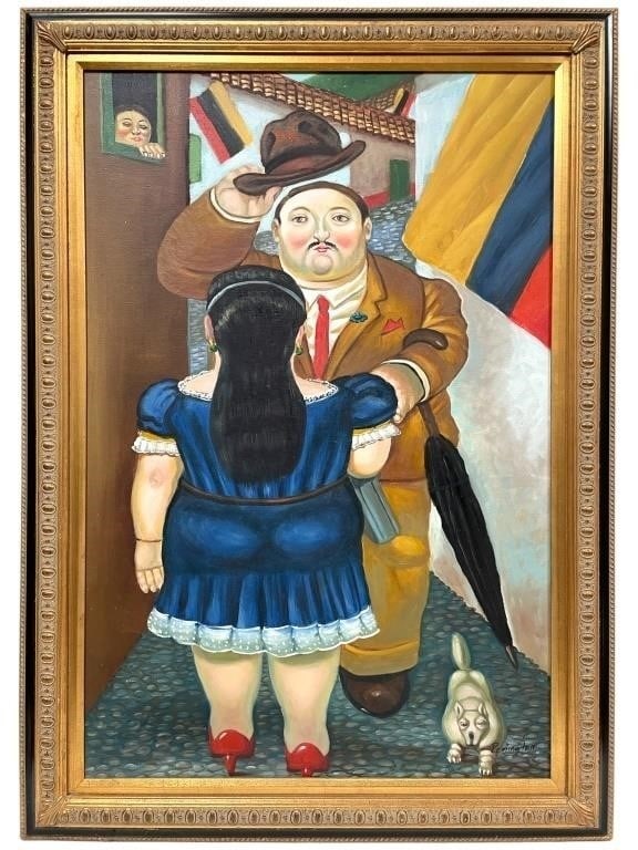 FERNANDO BOTERO STYLE OIL PAINTING 42": FERNANDO BOTERO STYLE OIL PAINTING RECENT PAINTINGS REPRODUCTION -SIGNED REMINGTON -42" X 30" APPROX -PRE OWNED CONDITION -DPRL13125 --- Please note that due to limited storage space, all items