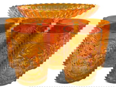 IMPERIAL WINDMILL 5 ORANGE GLASSES AND 1 OVAL DISH