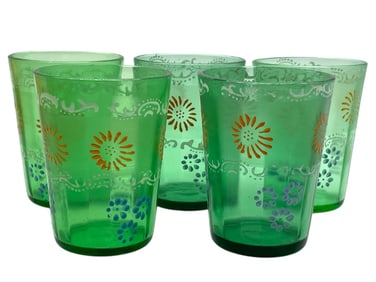 VINTAGE SET OF 5 HAND PAINTED GREEN GLASS TUMBLERS