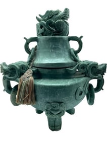 LARGE BURMESE UNPOLISHED JADE HARDSTONE URN 21"