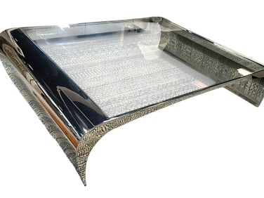 LARGE BRUETON STYLE CHROME AND GLASS COFFEE TABLE