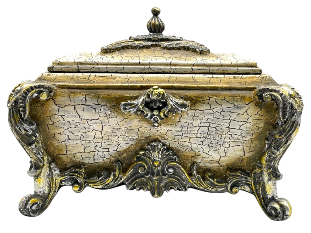 LARGE DECORATIVE COMPOSITE TRINKET BOX 12": LARGE DECORATIVE COMPOSITE TRINKET BOX 12" -VERY GOOD PRE OWNED CONDITION -FOOTED BOX WITH LID -APPROX 12" X 9" X 9" -JA 013025 #9 --- Please note that due to limited storage space, all items mu