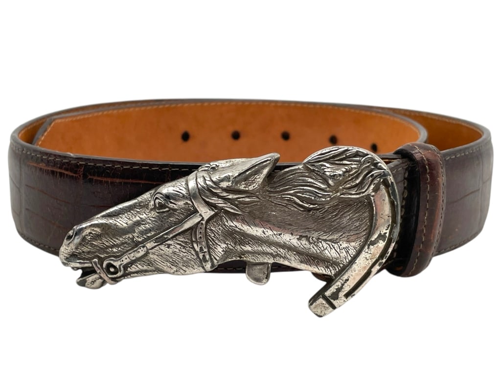 BRIGHTON CROC LEATHER WITH HORSE BUCKLE BELT: BRIGHTON CROC LEATHER WITH HORSE BUCKLE BELT -VERY GOOD PRE OWNED CONDITION -APPROX 36" LONG -SIZE M -JA 012725 --- Please note that due to limited storage space, all items must be picked up wit