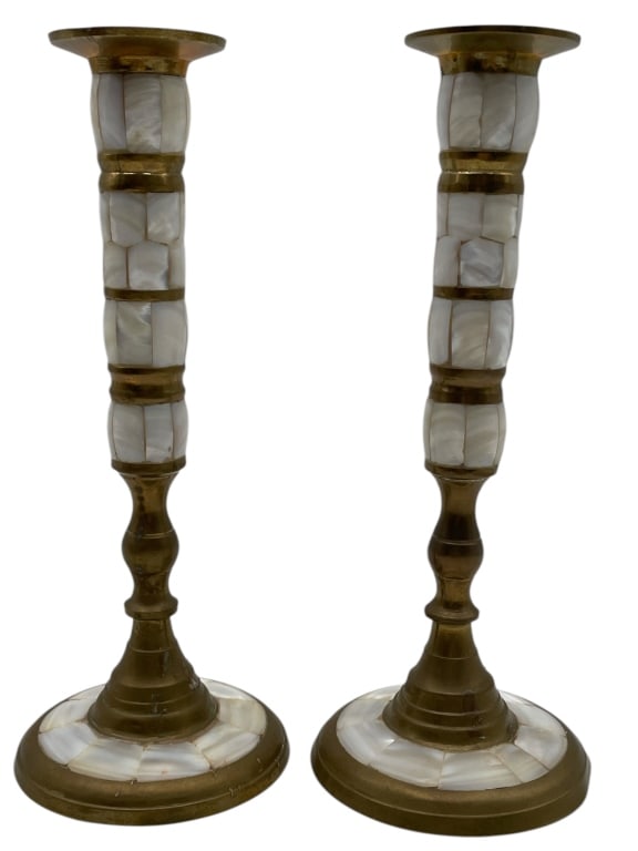 PAIR OF BRASS/MOTHER OF PEARL CANDLESTICKS 9": PAIR OF BRASS AND MOTHER OF PEARL CANDLESTICK HOLDERS 9" -GOOD PRE OWNED CONDITION, SOME GENERAL WEAR (SEE PHOTOS) -PAIR OF CANDLESTICK HOLDERS -APPROX 9" TALL -JA 013025 #16 --- Please note tha