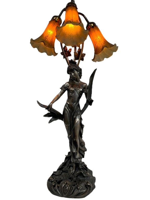 ART NOUVEAU BRONZE STYLE 3 LIGHT LAMP 31" (1 of 9)