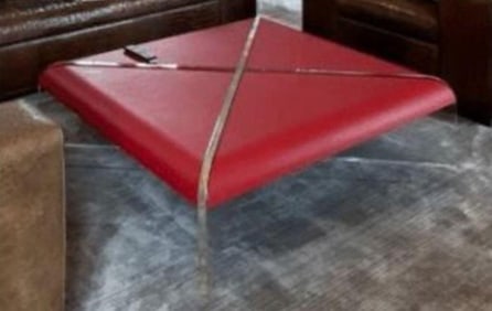 MID CENTURY MODERN LEATHER & LUCITE OTTOMAN
