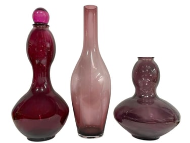 SET OF 3 LARGE PURPLE ART GLASS VASES 27.5"