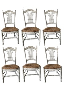 6 DISTRESSED OFF-WHITE SPINDLE BACK DINING CHAIRS