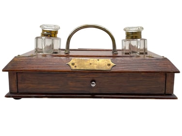 VINTAGE ENGLISH WALNUT INKWELL STAND 12"