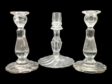 SET OF 3 GLASS CANDLESTICK HOLDERS 8"