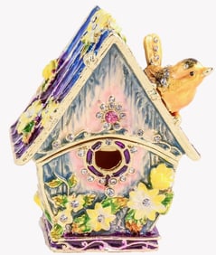 NEW! JEWELED BIRD HOUSE TRINKET BOX 2.5"