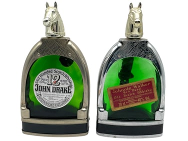 VINTAGE JOHN DRAKE AND JOHNNIE WALKER HORSE FLASKS